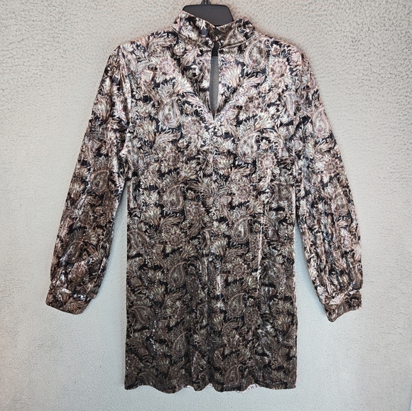 Melloday Velvet Women Mini Dress Sz S Cut Out High Neck Long Sleeves Mute Color - Picture 7 of 12